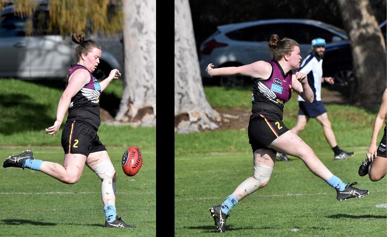Hearts captain Bridget Junior Hanrahan shows a determined kicking style in their Round 5 match against Old Xaverians