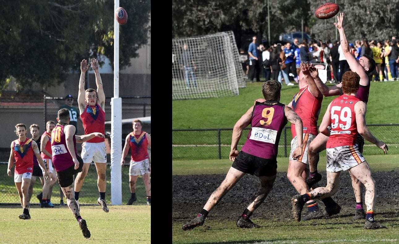 In the Reserves match against Old Scotch Jacob Gown (50) kicks the team's only goal and Davis Green (9) awaits the outcome of a ruck contest