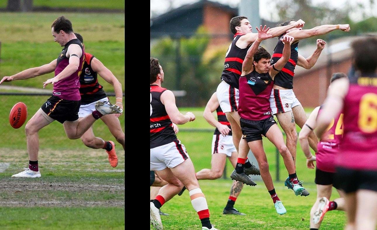 Seve Stefanakis clears for the Reserves but Cody Goonewardene is swamped in the main game against Old Xaverians