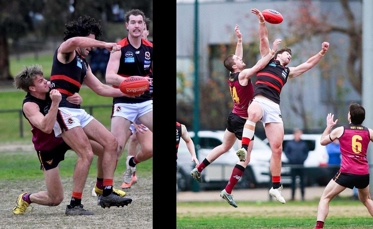 Mattias Rose lays a tackle and Durras Seccull competes in ruck