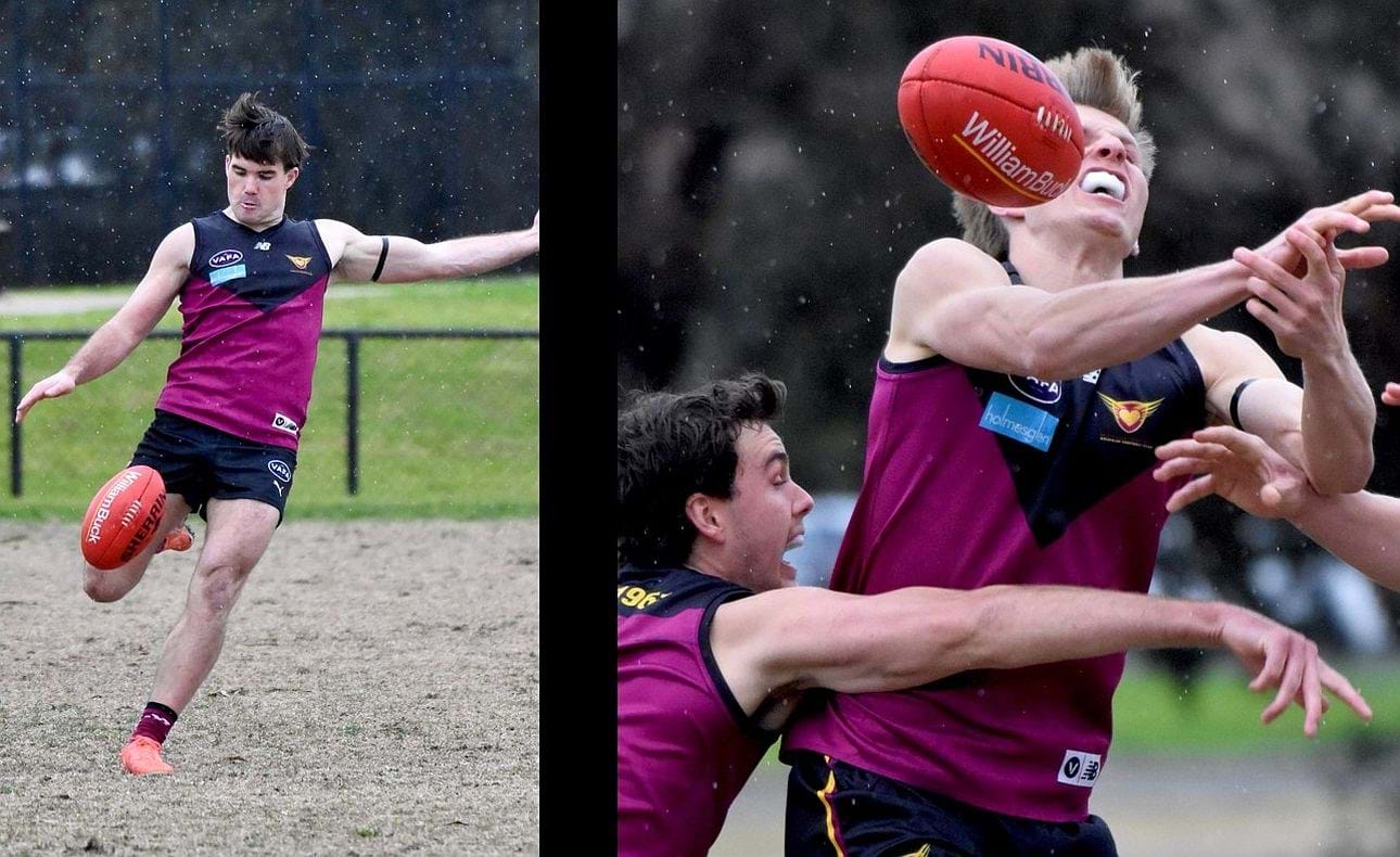 Josh Gasparini finds free space, Charlie Harrop clutches for a mark, Lachie Vaughan below