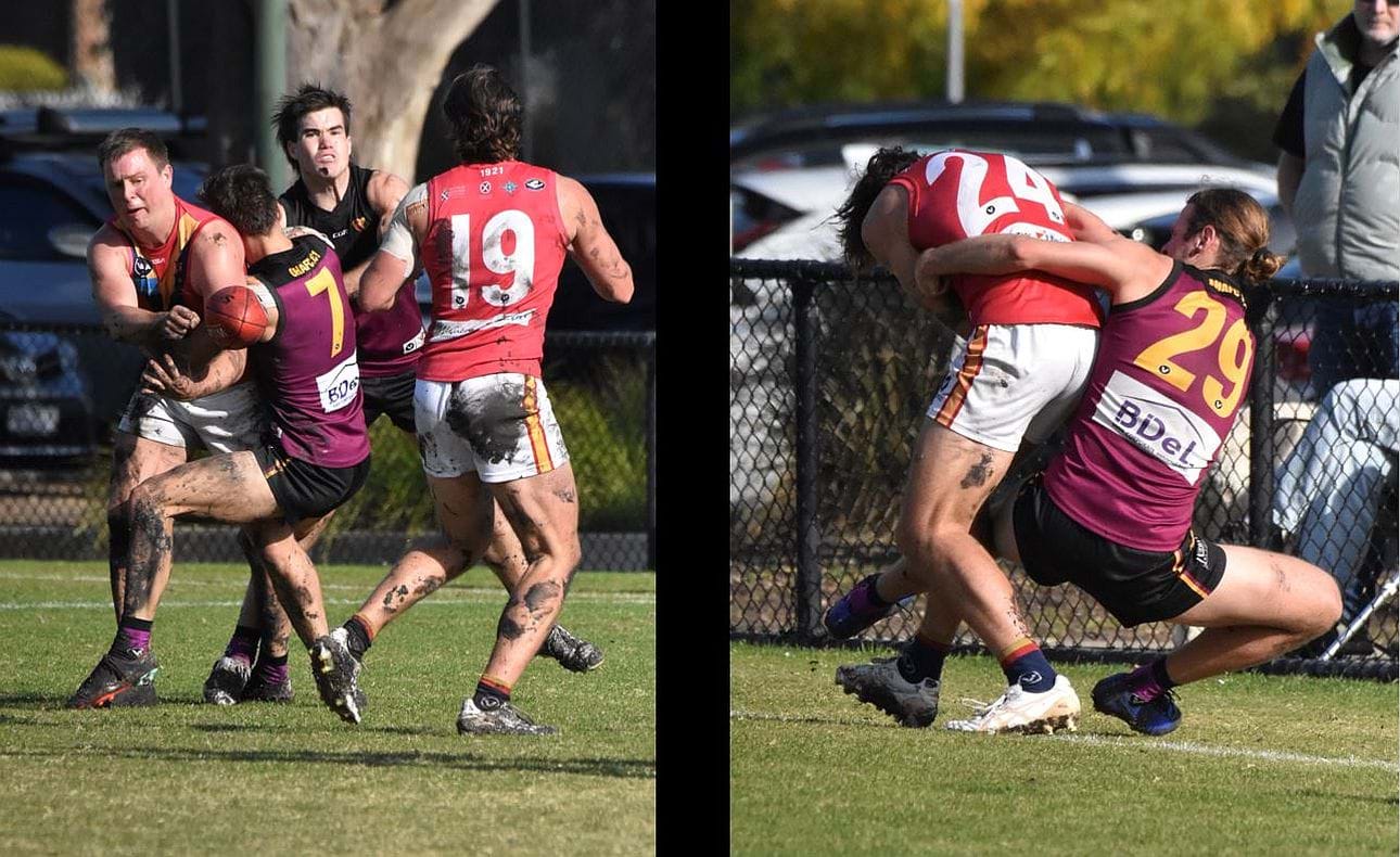 Fierce tackling was the order of the day for Brodie Steele (7) and Will Paul (29)