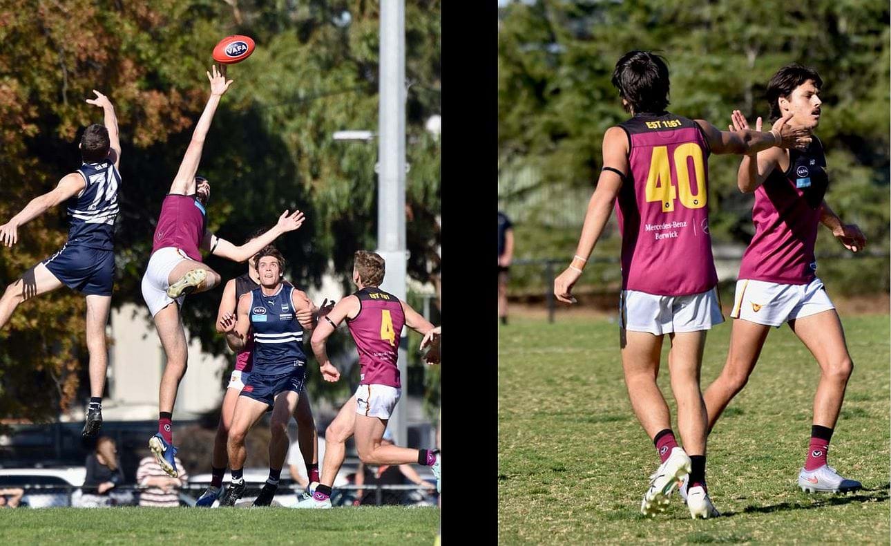 Jack Bell at full stretch with Hugo Nosiara (4) awaiting the crumbs; Jack Kennedy (40) and Cody Goonewardene celebrate a goal in the Round 2 match against Caulfield Grammarians
