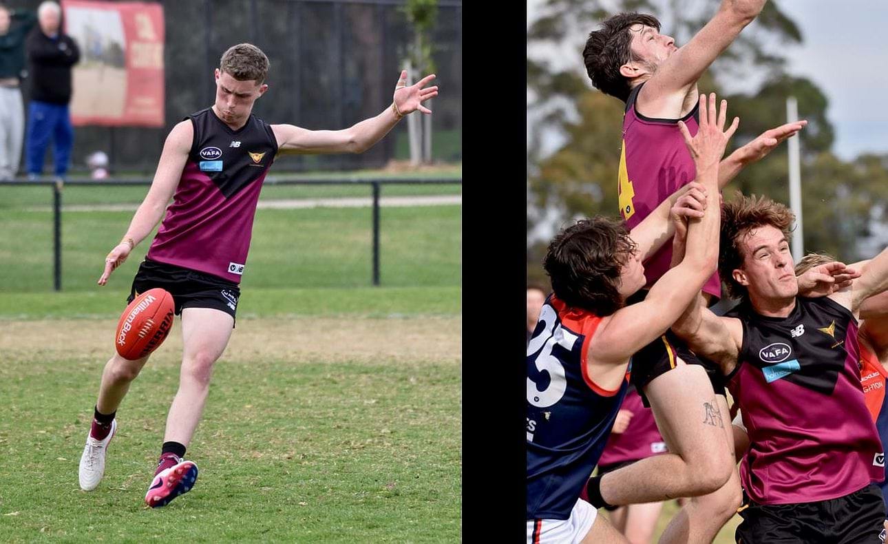 Defenders James Connell and the flying Durras Seccull in Round 3 against Old Brighton