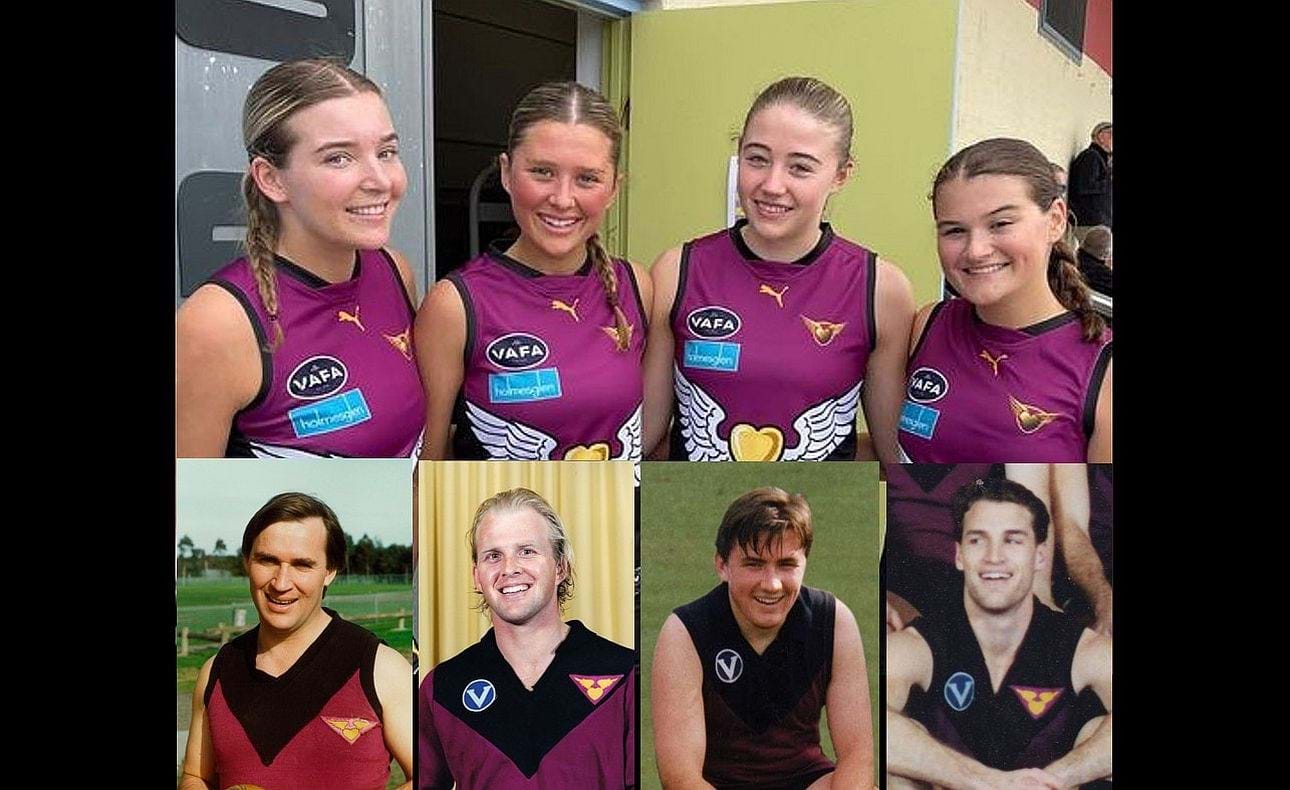 Kate Langford-Jones, Lexie Connell, Eliza Main and Immy Lappage line up for their season opener against Old Camberwell, following in the steps of their famous fathers Andrew, David, Blair and David, all of whom played over 150 games for the club. Co-captain Bella Scaunich's father Danny is also a past player.