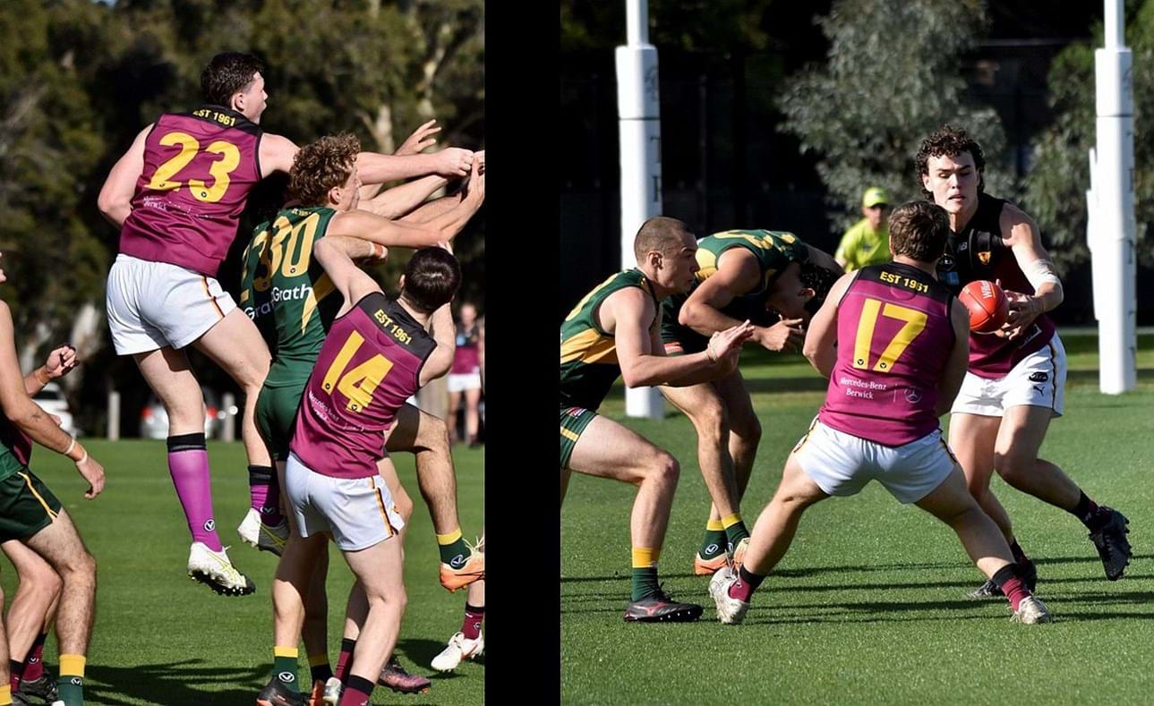 Brodie Findlay (23) and Durras Seccull (14) surround their Old Trinity opponents in Round 5; Josh Gillon gathers in front of team mate Liam Wood (17)