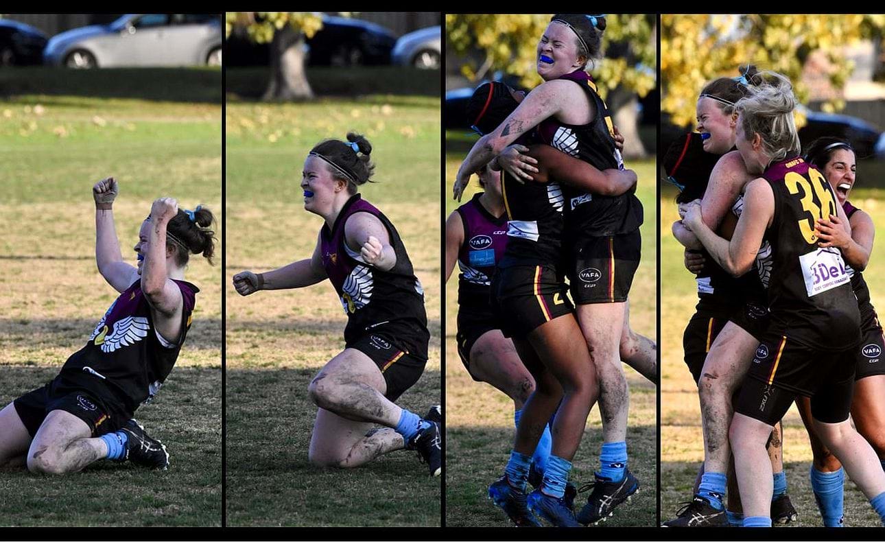 Junior's joy; Bridget Hanrahan celebrates her late goal that sealed the Hearts' match against Old Trinity and is swamped by team mates