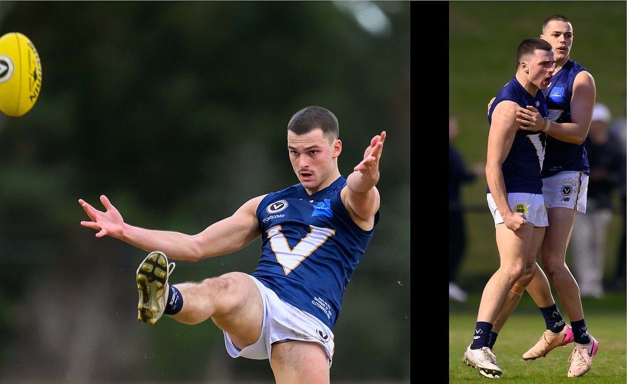 In the break between Rounds 12 and 13, Oilli Hotton (seen here kicking and celebrating a goal) and Brede Seccull represented the VAFA Senior representative team that played the Perth Football League