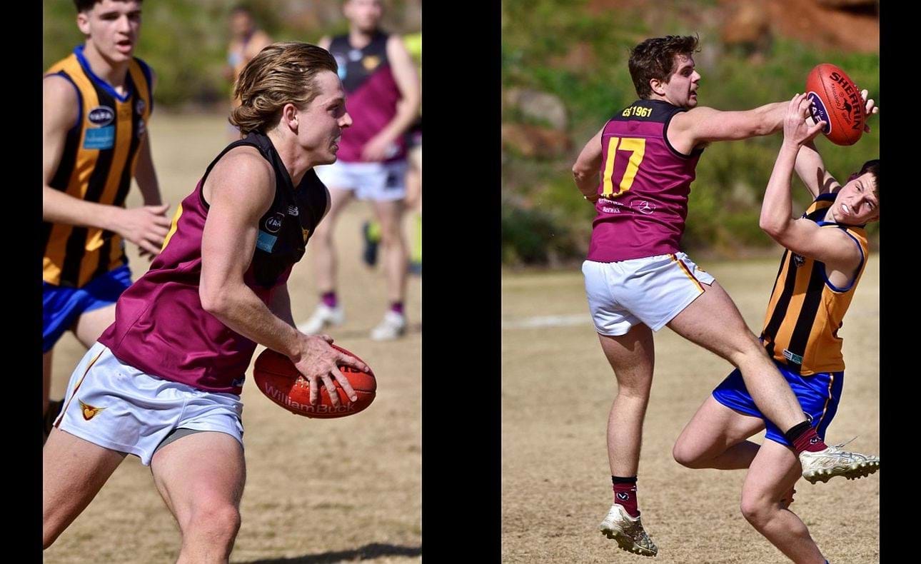 Jack Grenda and Liam Wood (17) battle it out in the Reserves match against St Bernard's at the Snakepit