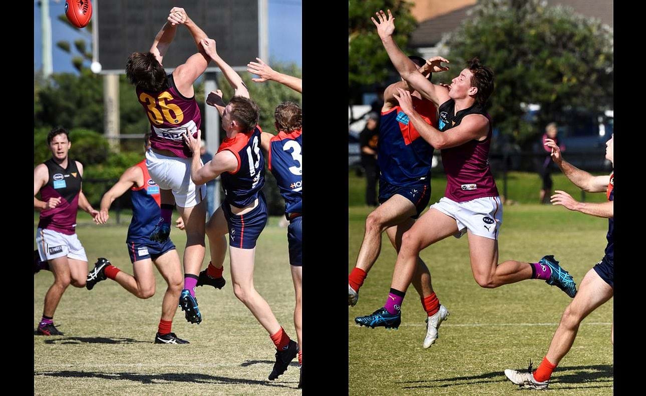 Harrison Jones (36) in the thick of the aerial battles early in the Round 2 match against Old Brighton Grammarians