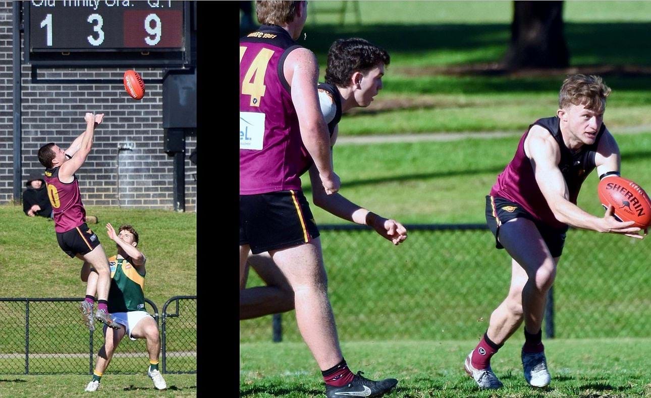Max Sievers leaps for a mark and Rayner Seccull clears with a handball