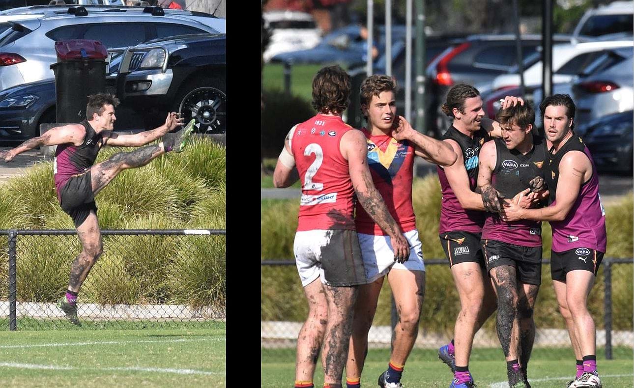 Corey Rich kicks a goal from long range after the half-time siren and the Bloods take a lead into the main change