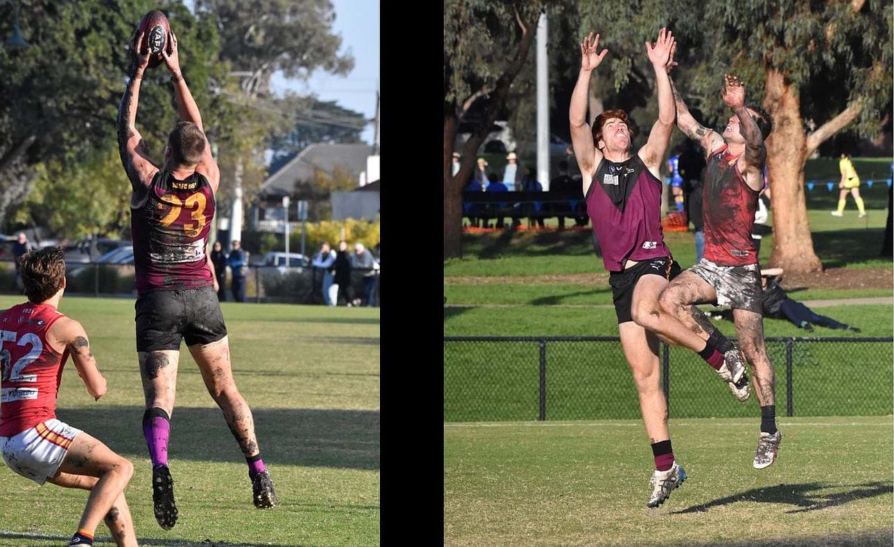 Lachie Treverton (23) and Justin Davies reach for the sky