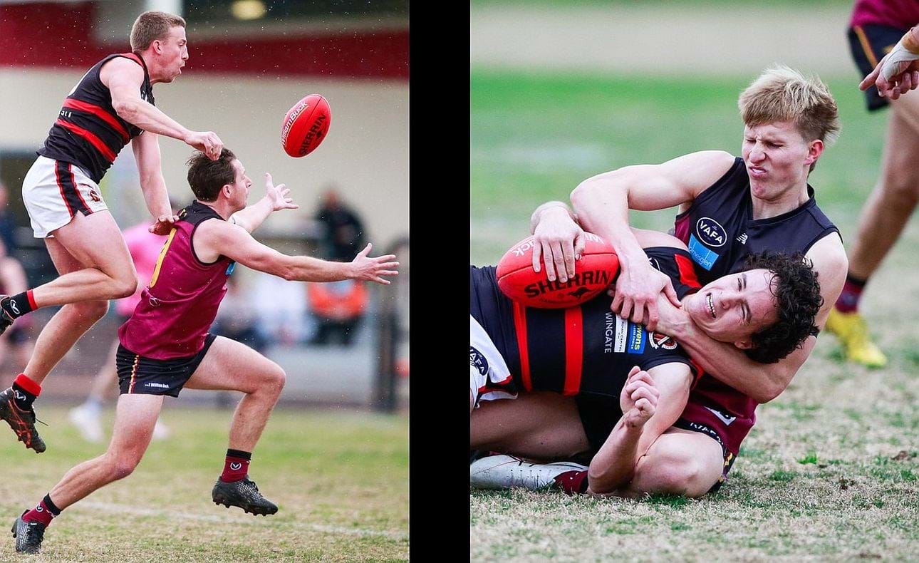 Peter Gleadhill takes possession, Charlie Harrop lays a sleeper hold