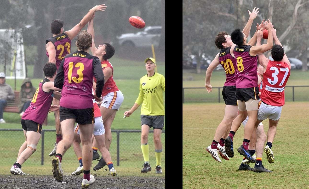 Ethan Hardeman (23) in ruck, Angus Bonwick (13) in the foreground; Seve Stefanakis (30) and Kenneth Ta (8) compete for a mark