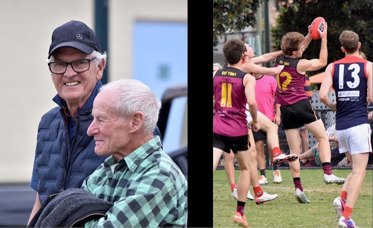 Roger Paul and David Young shared eight Senior Best and Fairests between them and each coach the Firsts for a year; Hugo Lynch (12) takes a strong mark in defence in front of James Blight (11)