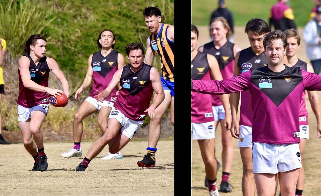 Jeremy Adams on the run supported by his captain, Peter Gleadhill, and Matthew Cowell in the background; Jack Munro celebrates his 150th game for the Bloods