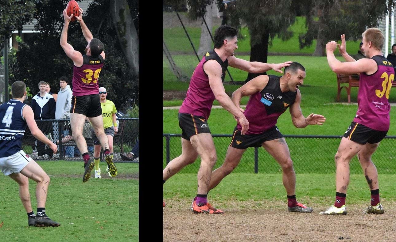 Will Barrie (39) and James Magner were significant inclusions into the team, each booting three goals; Magner celebrates one of those goals with skipper Brede Seccull and Lachlan Gilliam (36)