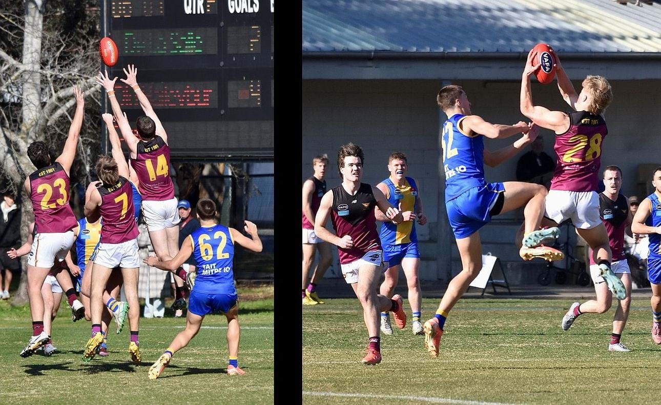 Durras Seccull (14) stretches above Ethan Hardeman (23) and Mattias Rose (7)