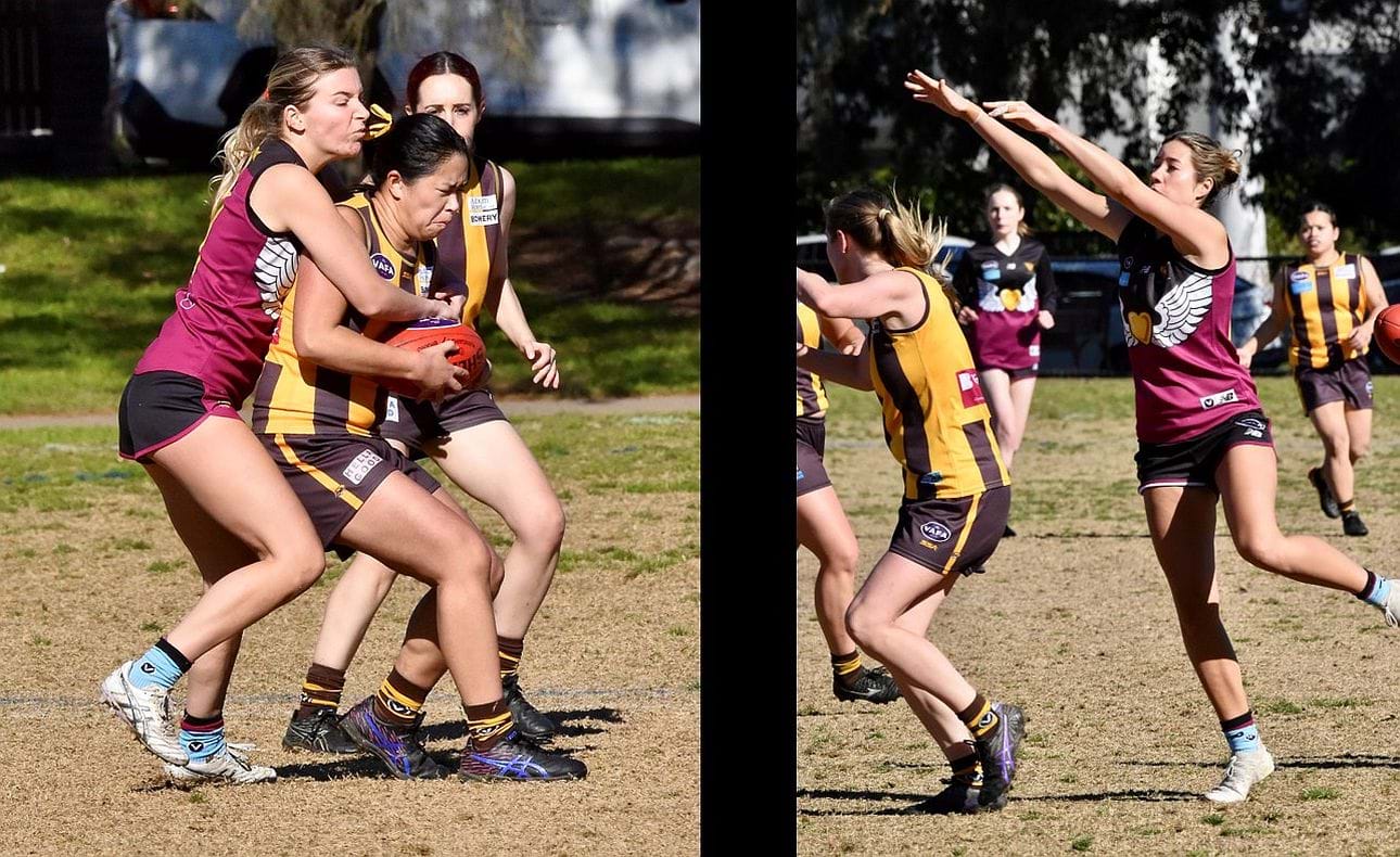 Kate Langford-Jones lays a tackle and Gemma Elcock reaches over her Hawthorn opponent