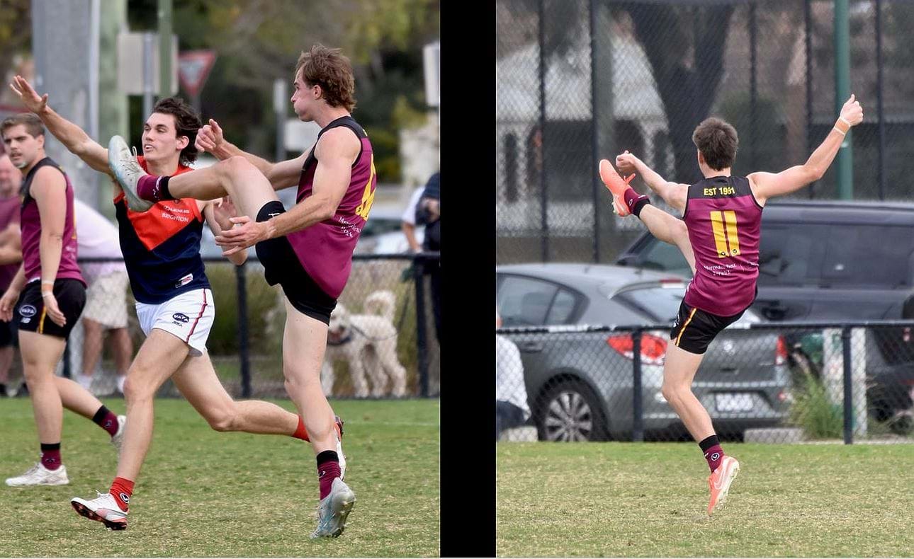 Hugo Lynch kicks away from the Old Brighton goal, James Blight has a shot at the Bloods goal