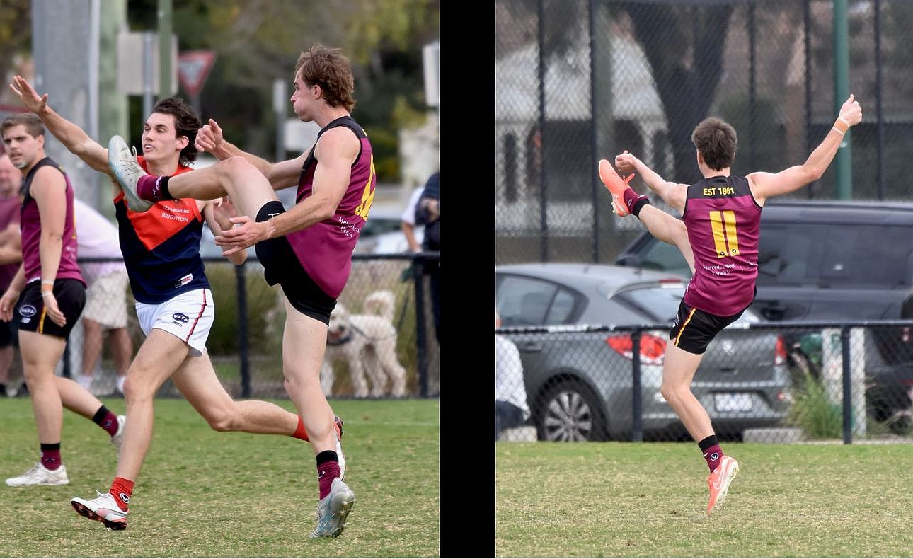 Hugo Lynch kicks away from the Old Brighton goal, James Blight has a shot at the Bloods goal
