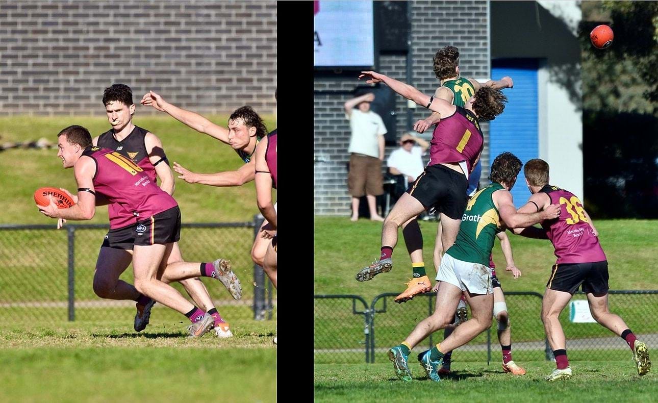 Max Sievers makes a break for it, Joel Chilcott (1) flies in the pack, Lachlan Giliam (36) at ground level