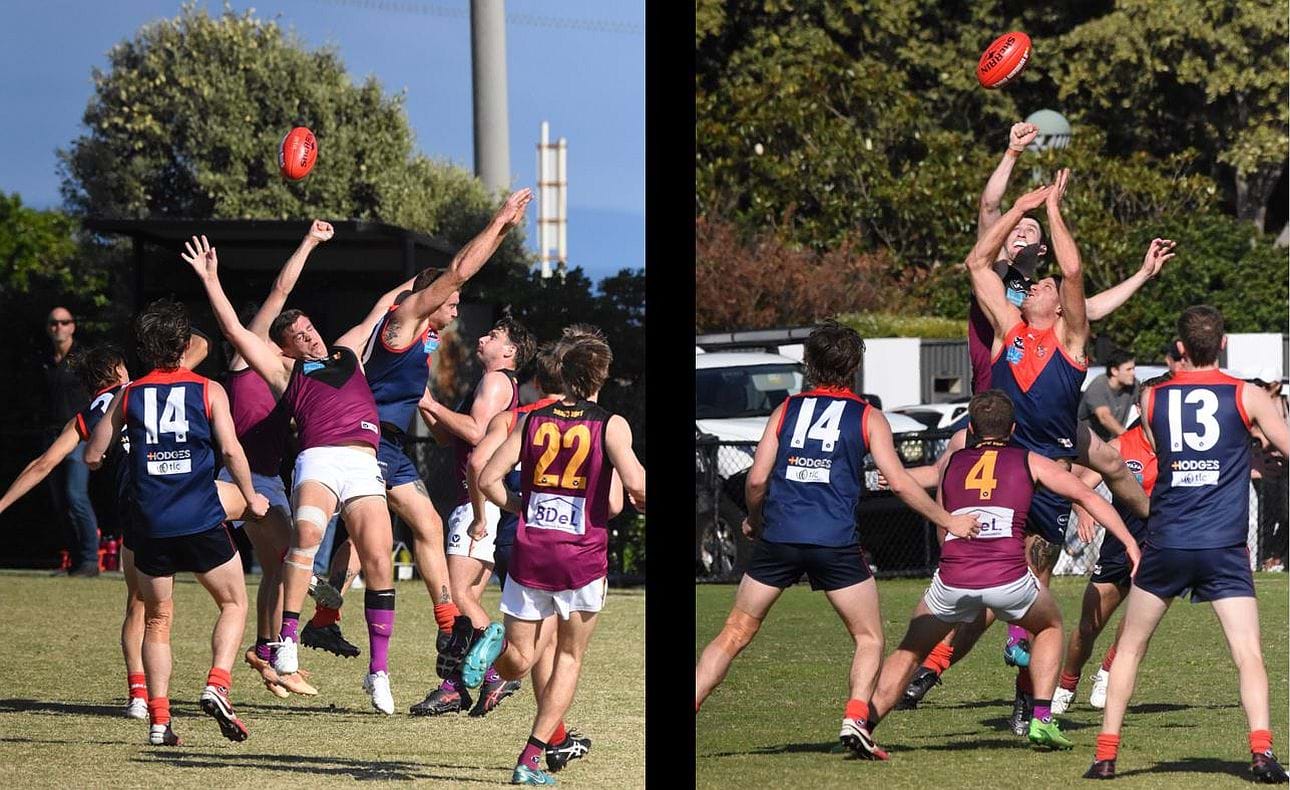 Lachie Treverton and Durras Seccull battle it out in the ruck with Matthias Rose (22) and Corey Rich (4) waiting at ground level