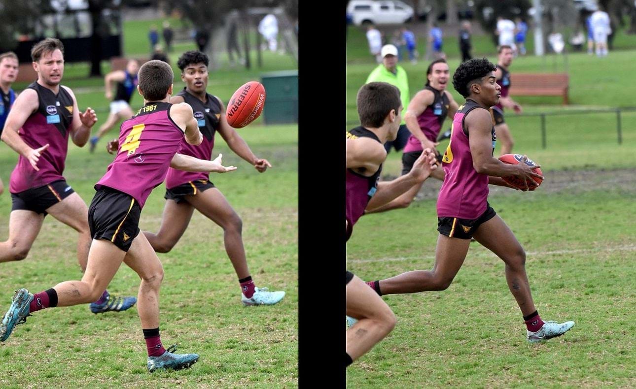 A Jack Tuffley (4) handball releases team mate Kaviru Bala Manage on the run