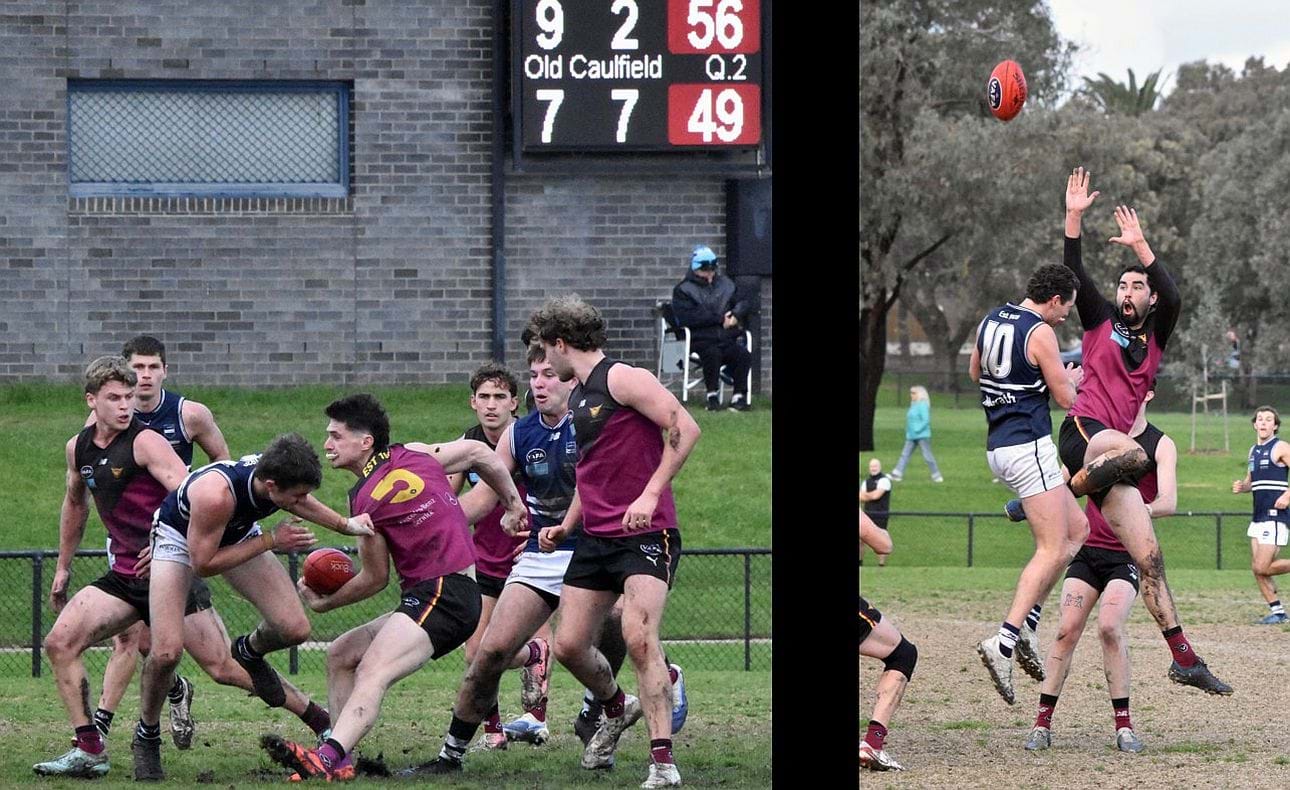 Brede Seccull in the thick of it as usual in the middle of the ground, Hugo Nosiara and Joel Chilcott nearby; Jthe long arms of Jack Bell reach for a mark