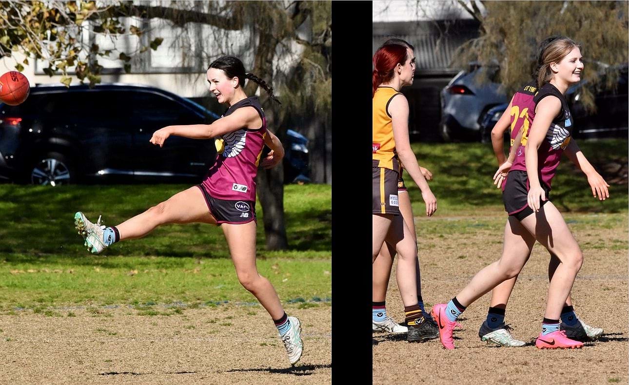 Tess Baxter kicks on the run, Emma Middleton follows the play
