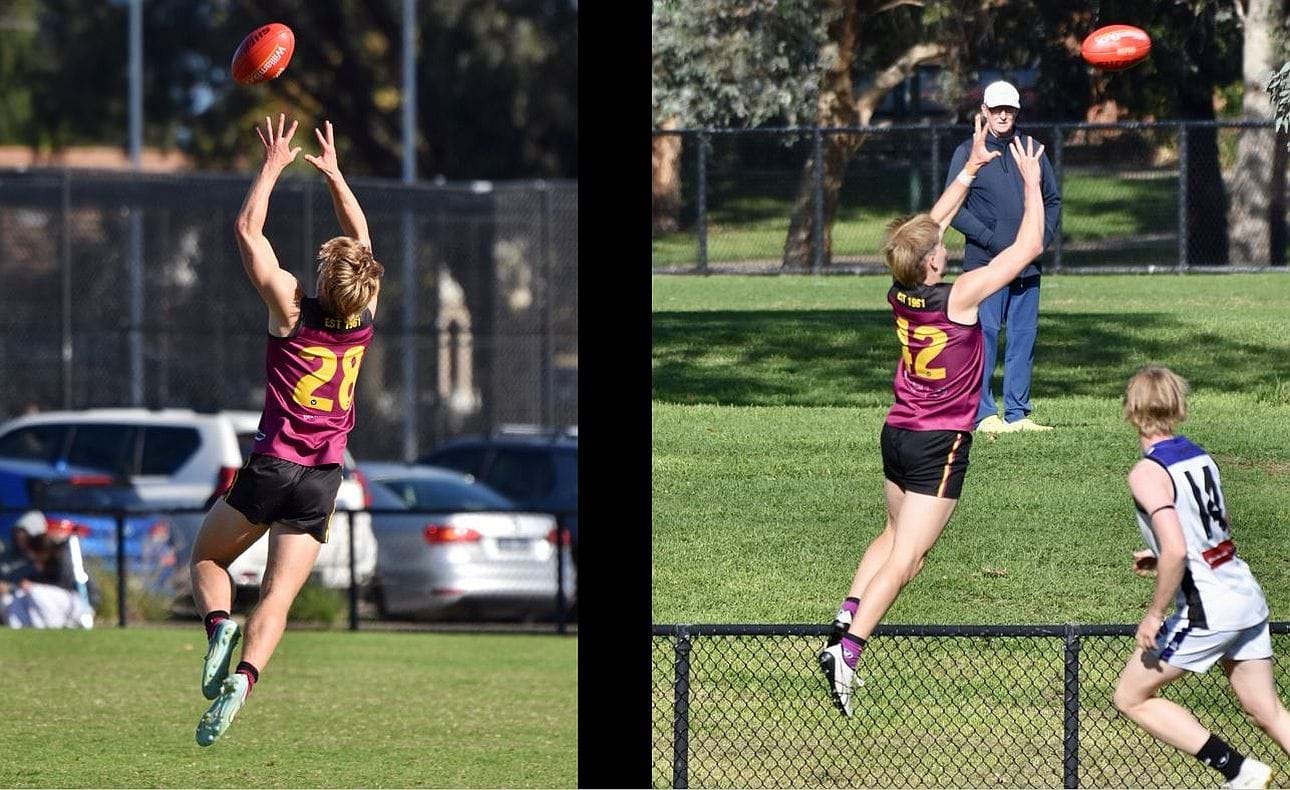 Flynn Gregor (28) and Charlie Harrop (42) fly for uncontested marks