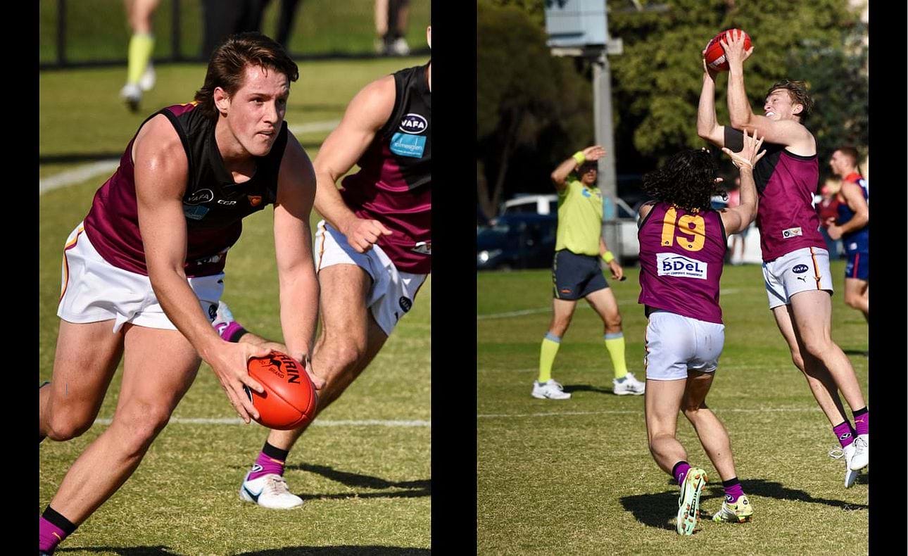 Harrison Jones and Rayner Seccull with ball in hand, Nathan Dowsett (19) in support