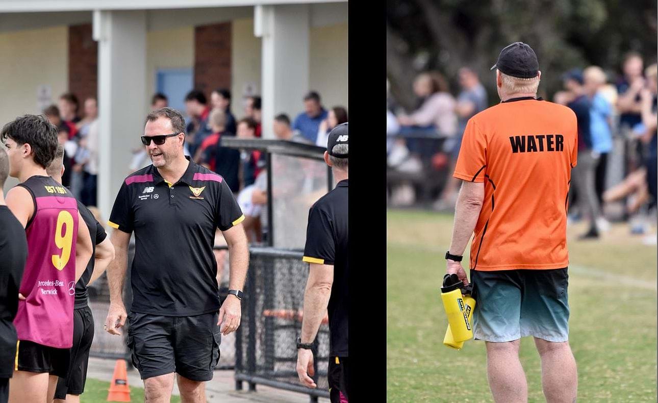 Assistant Brett Lynch the central figure on the bench, water runner Skip Wray