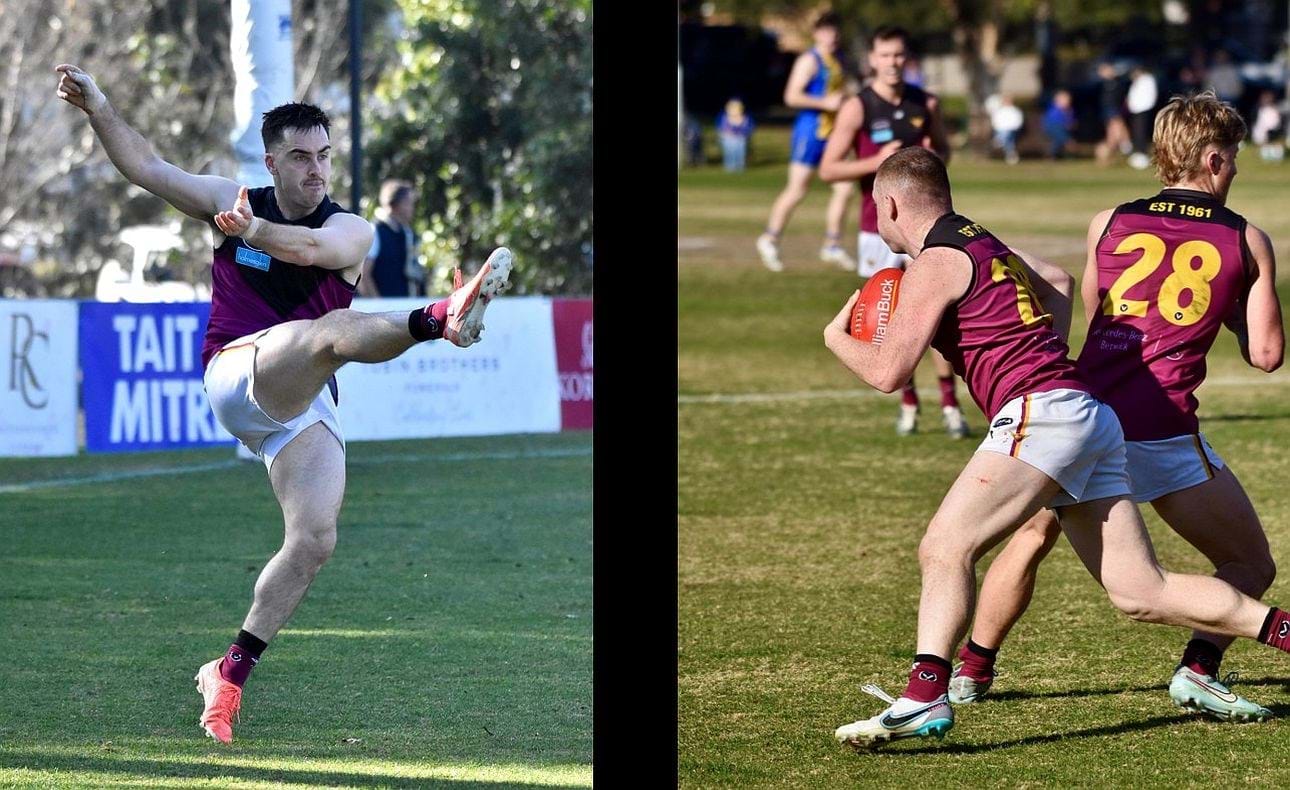 Jayce Morgan in the clear while Dre Stefanakis (20) and Flynn Gregor (28) form a two-headed monster