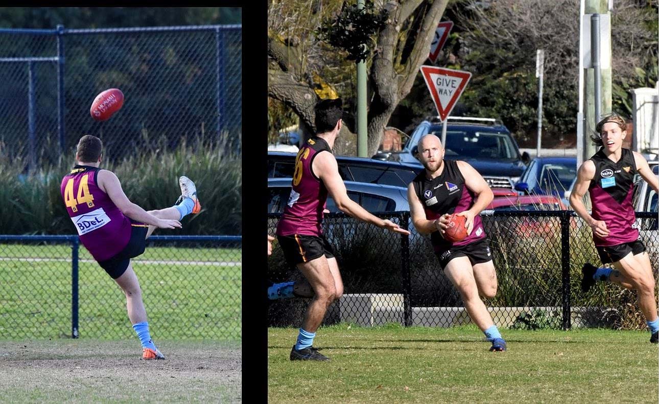 Ben O's at work; forward Ben Oakes (44) snaps for goal and Ben O'Leary heads forward with the ball