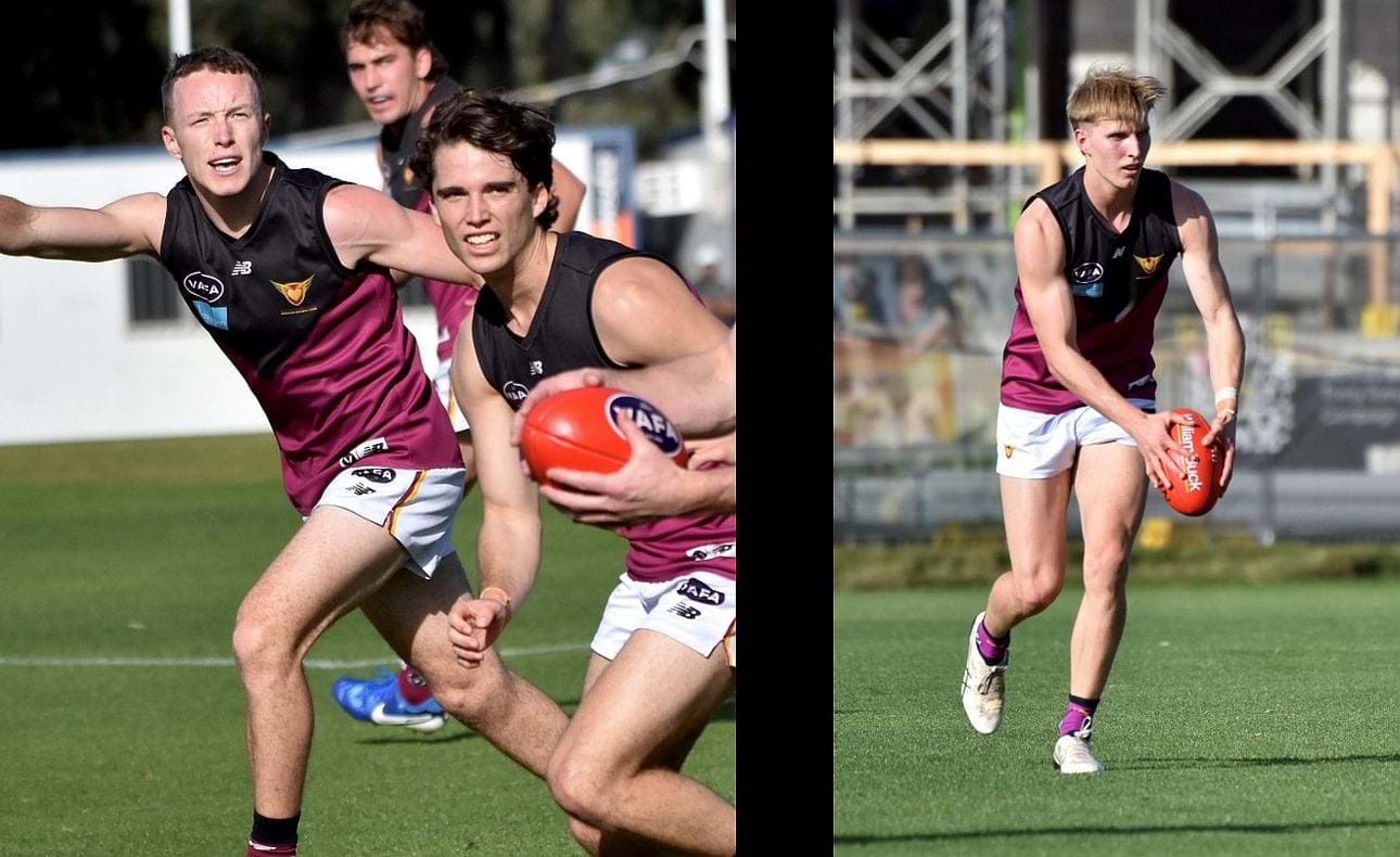 Jasper Russell and Noah Higgins await the ball with Ned Conway in the background; Charlie Harrop heads forward