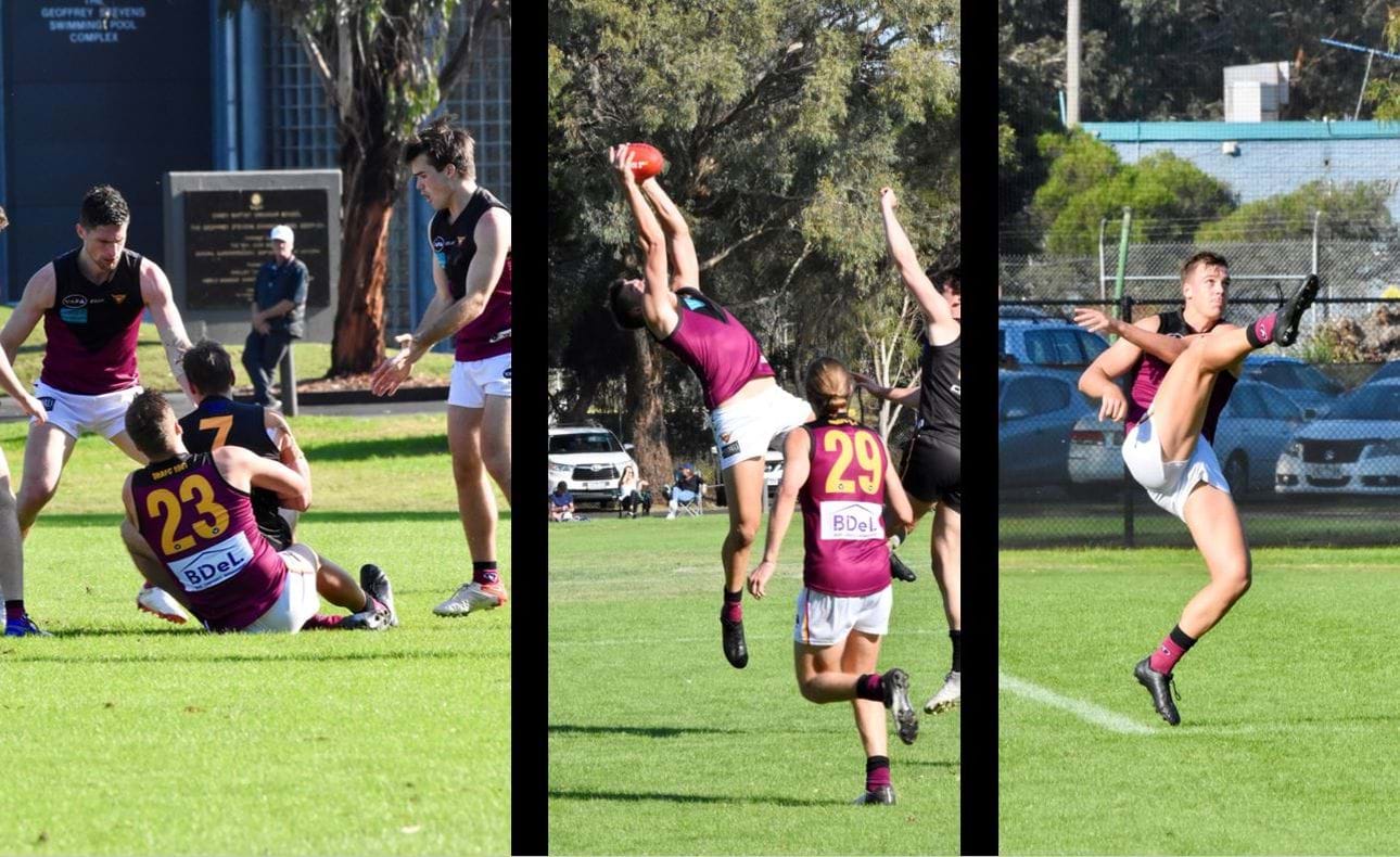 Another big day at the office for Lachie Treverton (23) with a tackle, a mark ahead of Will Paul (29), and a kick clear