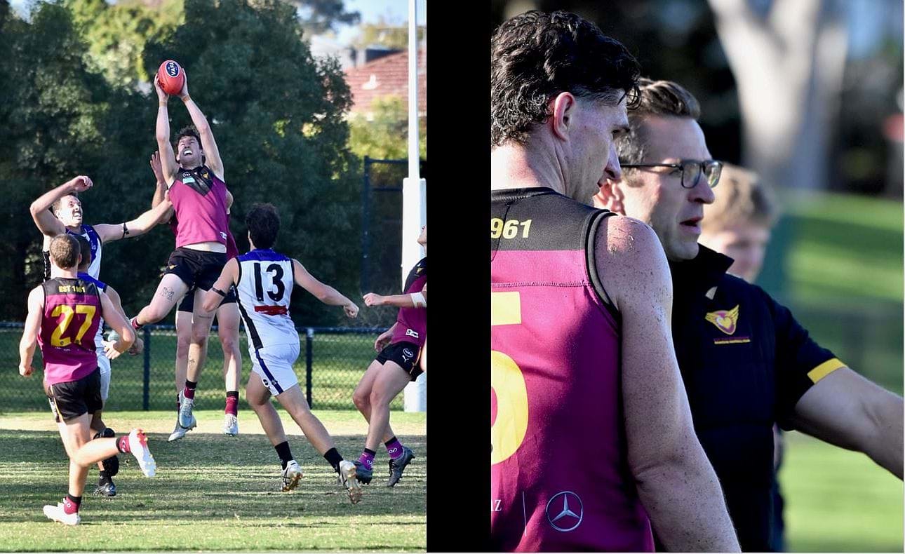 Durras Seccull marks in front of one of the Bloods many debutants, Jasper Russell (27); new coach Guy Martyn in his first game in charge discusses the state of play with Brede Seccull