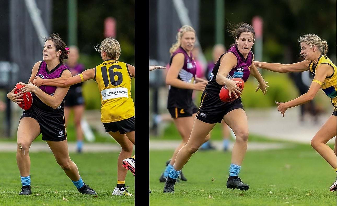 Ella Gown twists and turns past her St Mary's opponent with Charley Ansell-Jones in the background