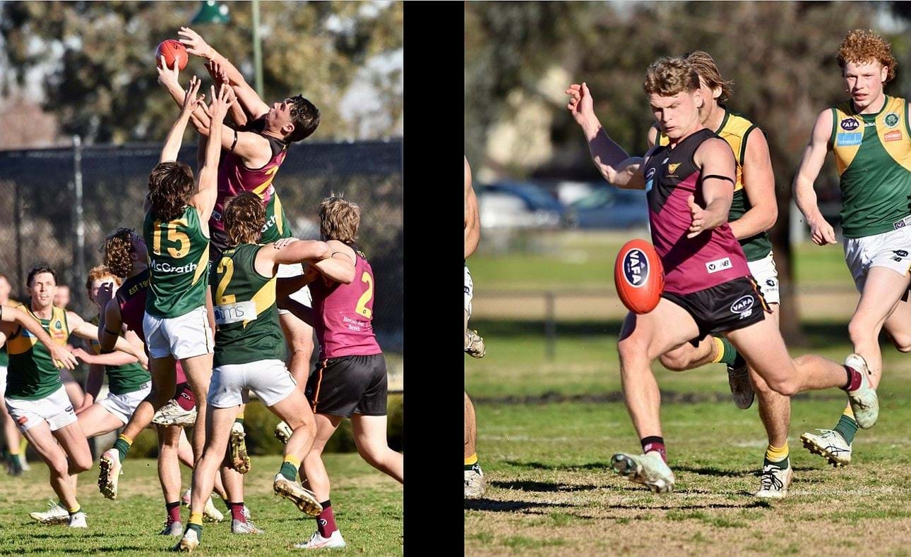 Ethan Hardeman takes a strong mark with Keegan Mountford (2) in support; Hugo Nosiara about to release that piercing left foot