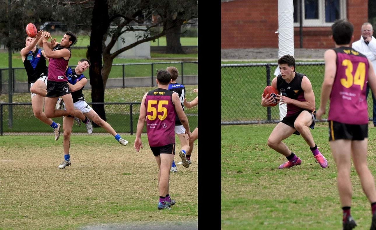 Dan Hille competes for a mark while Charlie Bartel is on alert
