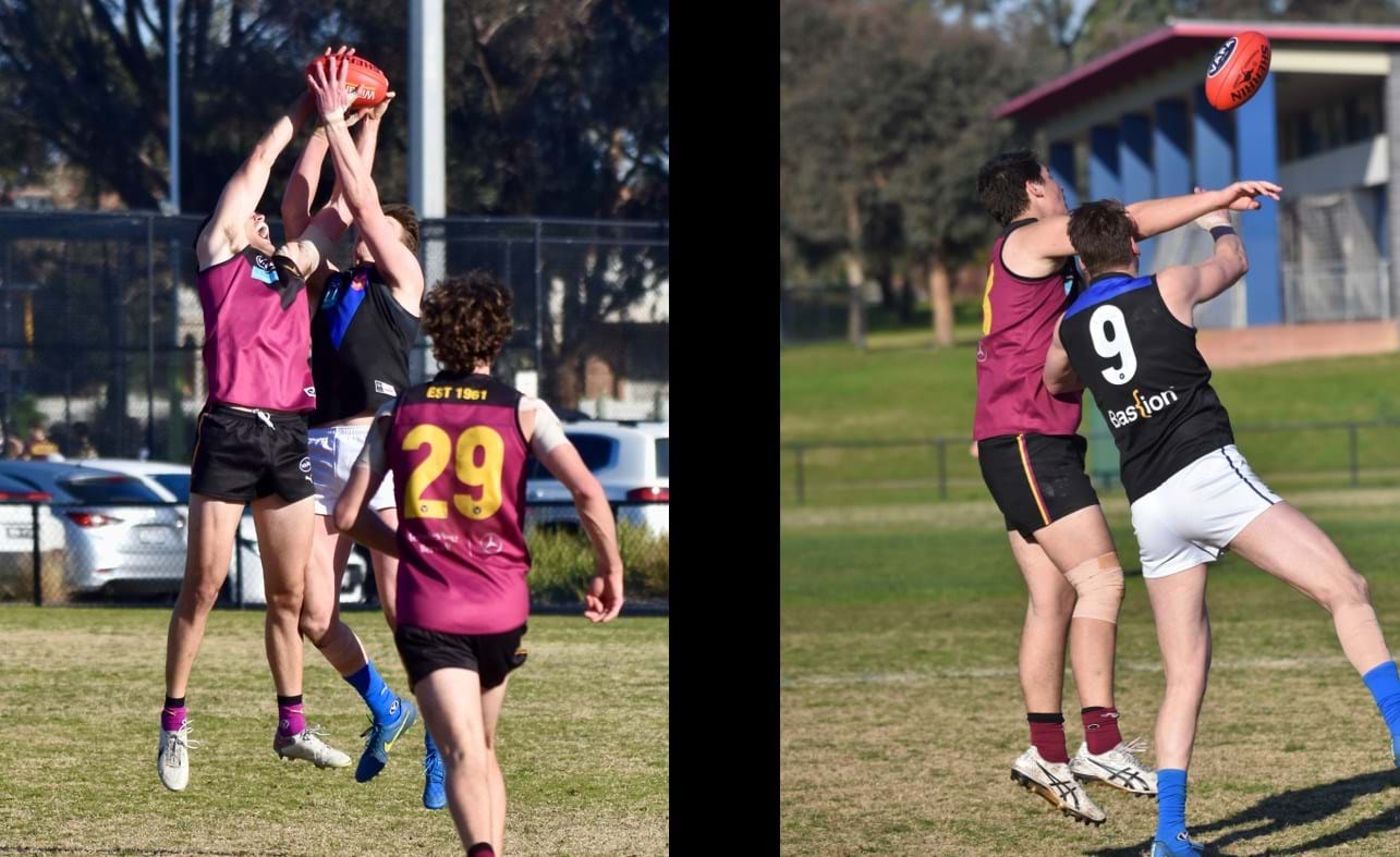Kye Turner stretches for a mark in front of Will Paul (29) and Ethan Hardeman competes in ruck