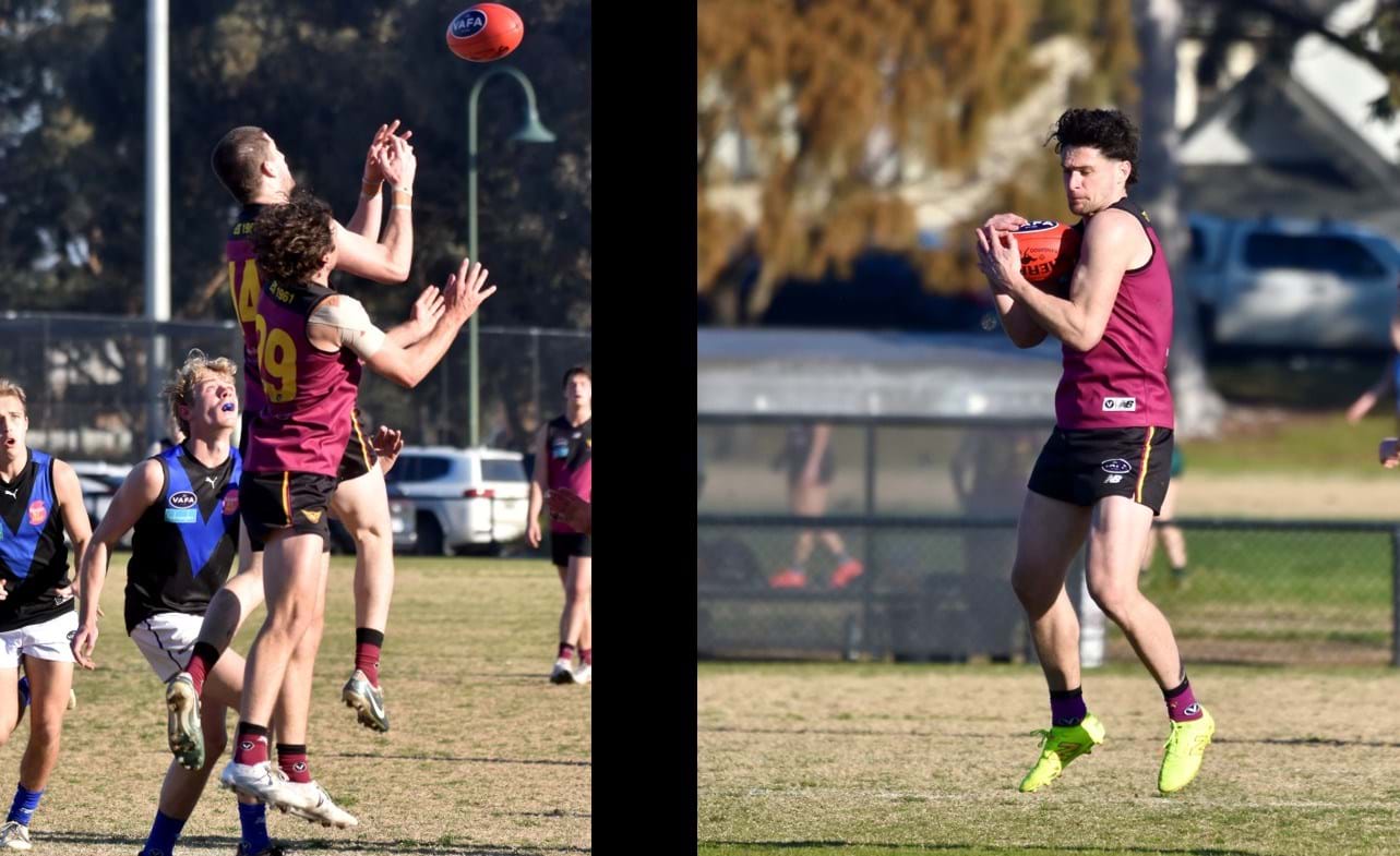 Durras Seccull (14) and Will Paul (29) in defence, Brede Seccull takes a safe mark