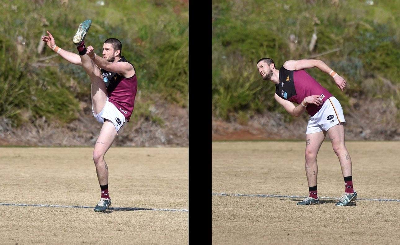 Durras Seccull kicks for goal and awaits the outcome