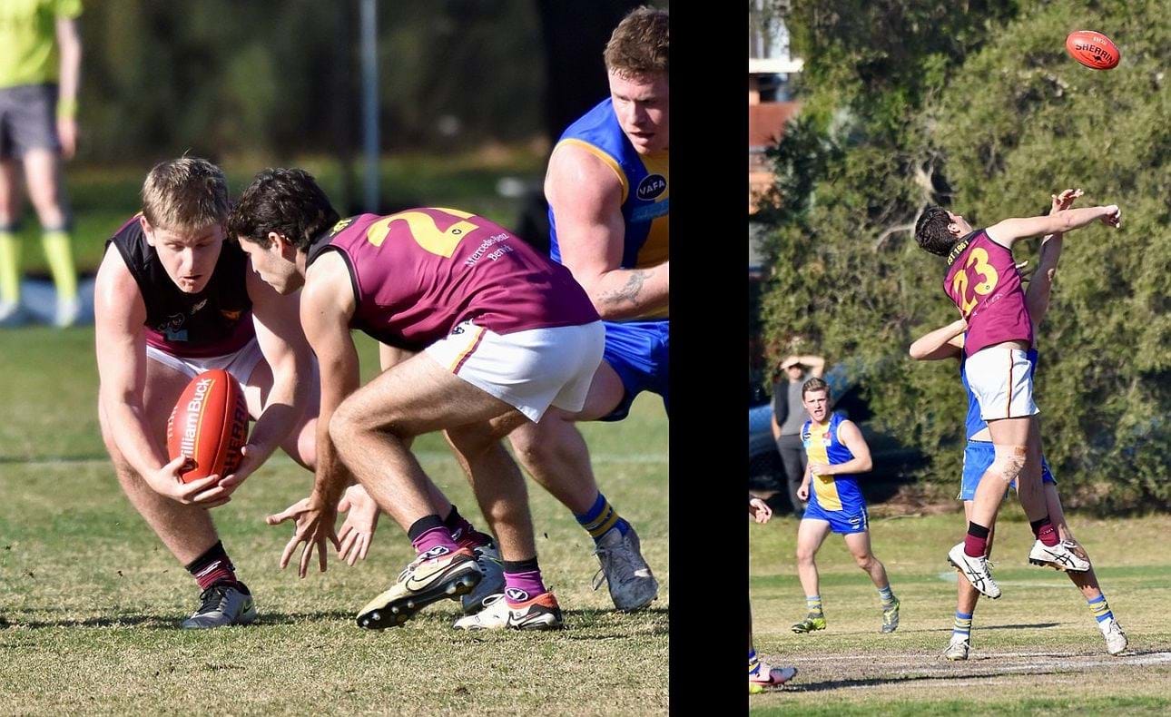 Liam Kirkwood-Scott and Charlie Sinclair raffle it; Ethan Hardeman (23) punches clear in the ruck