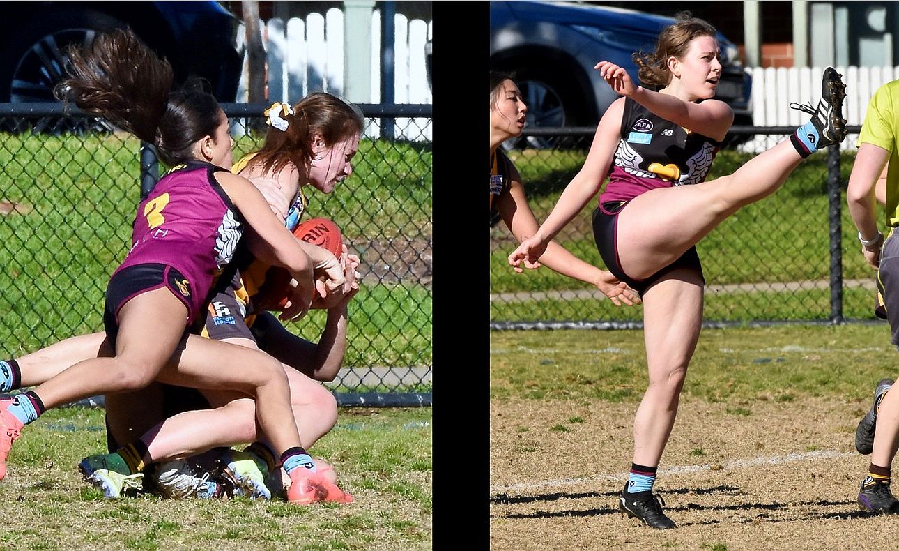 Skipper Jasmine Bettess tackles, Ciara Scahill boots forward
