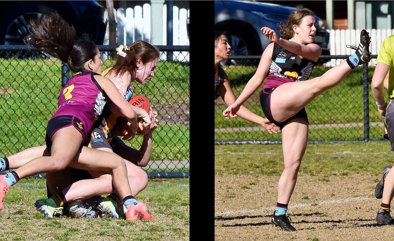 Skipper Jasmine Bettess tackles, Ciara Scahill boots forward