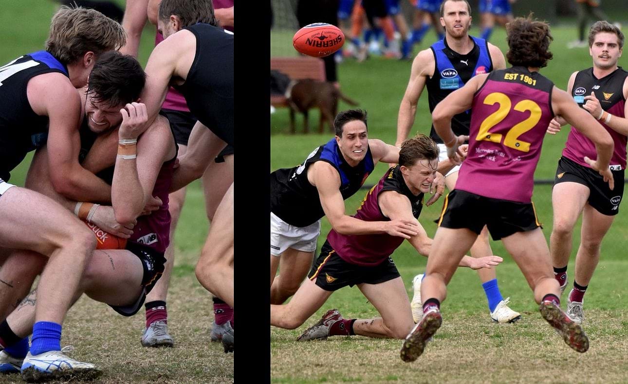 In the Seniors, the Seccull brothers Durras (L) and Rayner (R) found themselves under stress early in the game; Ned Conway (22) and Liam Wood look on