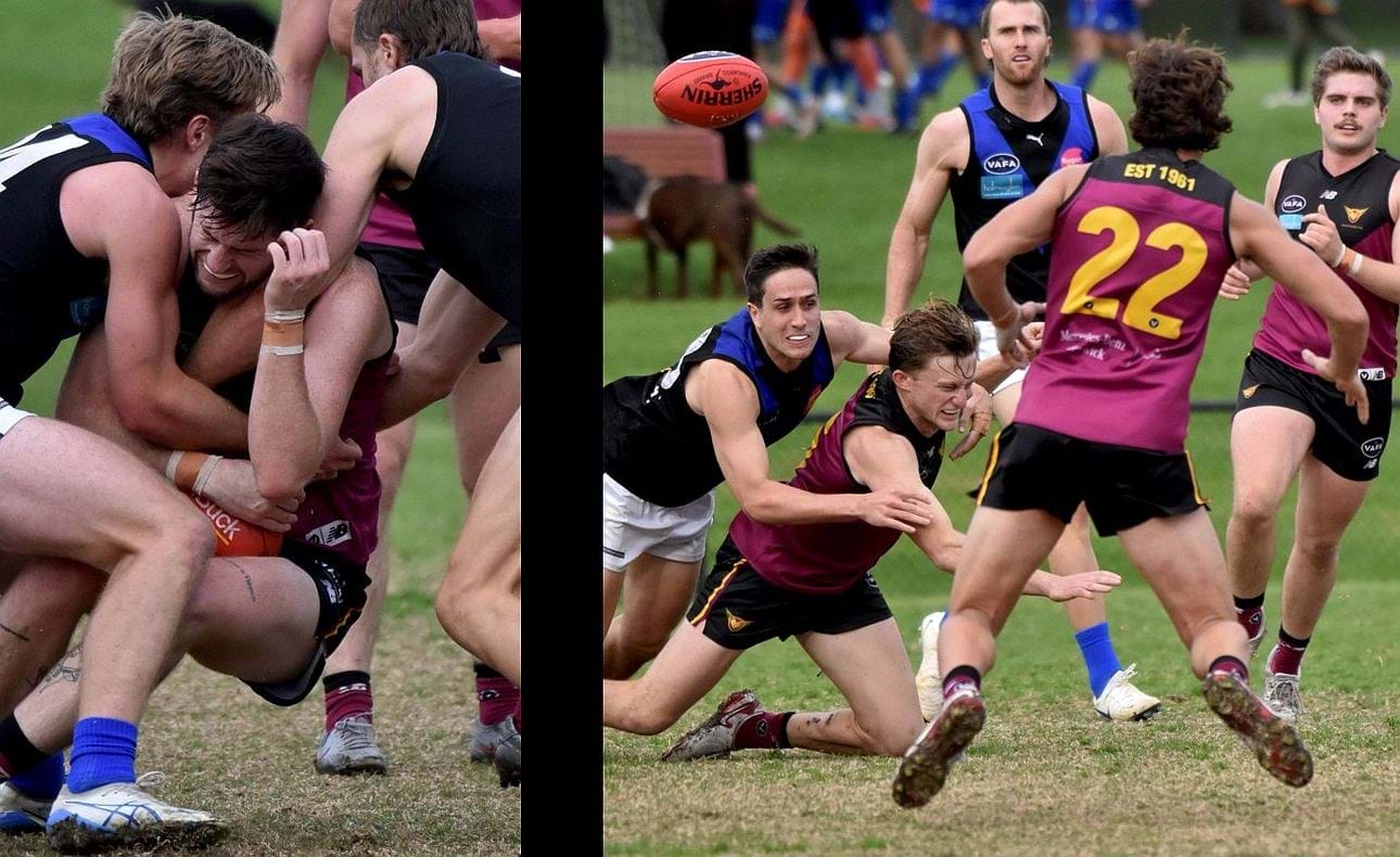In the Seniors, the Seccull brothers Durras (L) and Rayner (R) found themselves under stress early in the game; Ned Conway (22) and Liam Wood look on